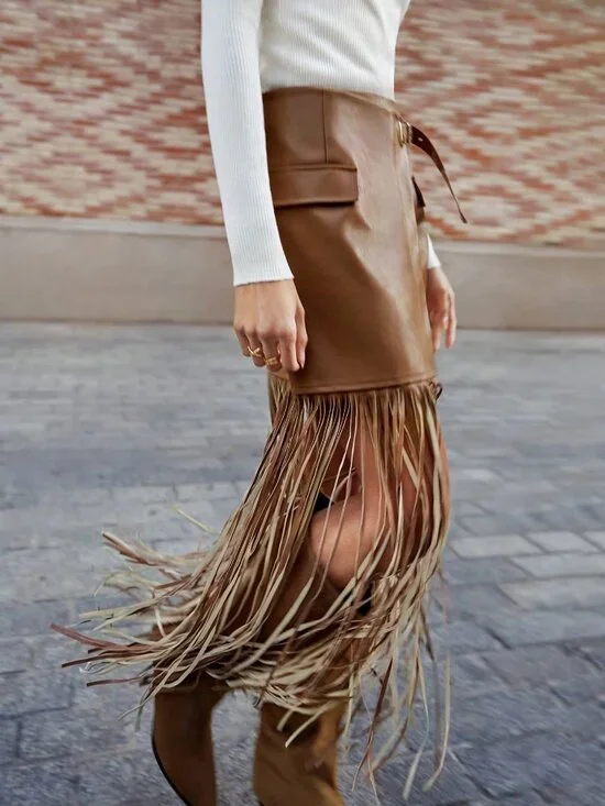 Khaki Bohemian Women's Wrap Midi Skirt Tassel Hem - Picture 4 of 6